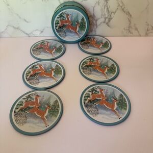 J.S.N.Y. JSNY Coaster Set 6 Round Cork Coasters With Tin Winter Deer 1970s Vtg